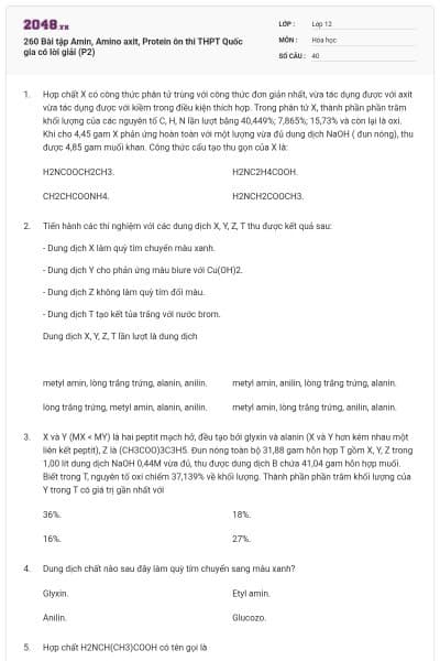 260 Bài tập Amin, Amino axit, Protein ôn thi THPT Quốc gia có lời giải (P2)