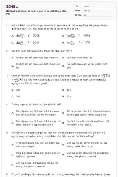 Bài tập Liên kết gen và hoán vị gen có lời giải (thông hiểu - P1)