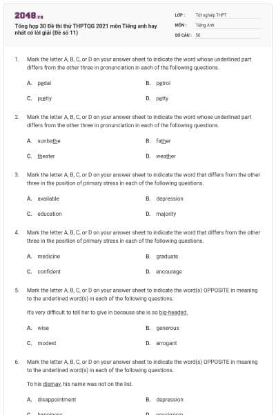 Tổng hợp 30 Đề thi thử THPTQG 2021 môn Tiếng anh hay nhất có lời giải (Đề số 11)