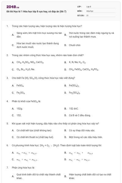 Đề thi Học kì 1 Hóa học lớp 8 cực hay, có đáp án (Đề 7)
