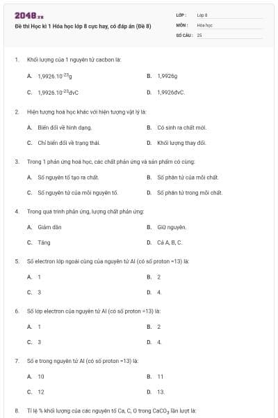 Đề thi Học kì 1 Hóa học lớp 8 cực hay, có đáp án (Đề 8)