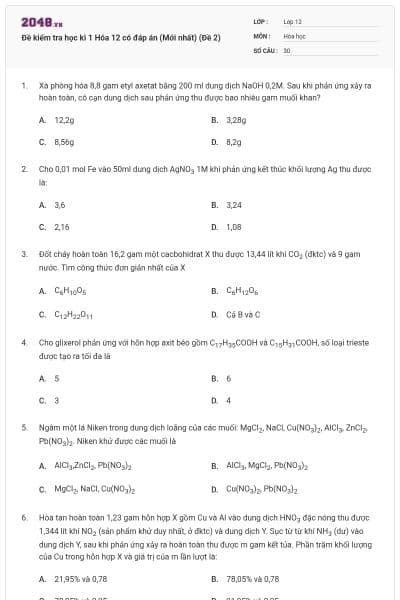 Đề kiểm tra học kì 1 Hóa 12 có đáp án (Mới nhất) (Đề 2)