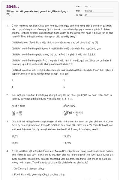 Bài tập Liên kết gen và hoán vị gen có lời giải (vận dụng - P1)