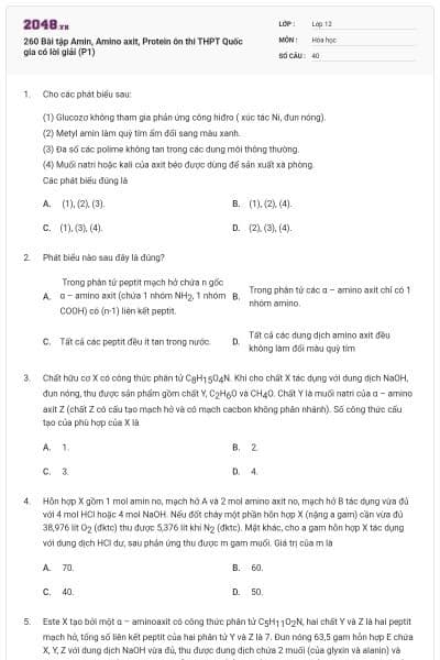 260 Bài tập Amin, Amino axit, Protein ôn thi THPT Quốc gia có lời giải (P1)