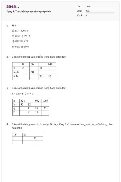 Dạng 1: Thực hành phép trừ và phép chia