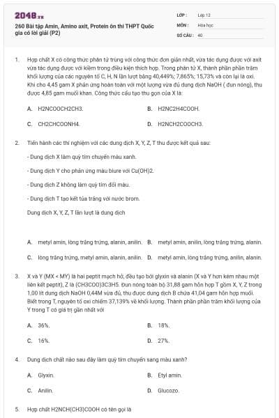 260 Bài tập Amin, Amino axit, Protein ôn thi THPT Quốc gia có lời giải (P2)