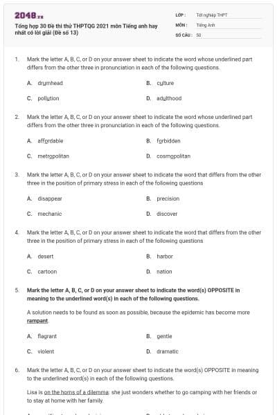 Tổng hợp 30 Đề thi thử THPTQG 2021 môn Tiếng anh hay nhất có lời giải (Đề số 13)