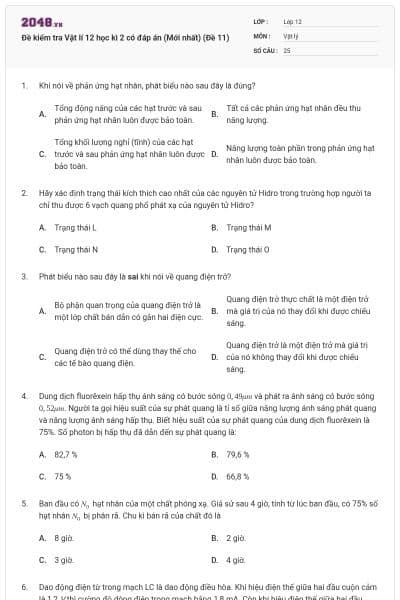 Đề kiểm tra Vật lí 12 học kì 2 có đáp án (Mới nhất) (Đề 11)