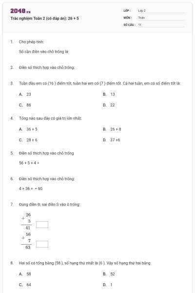 Trắc nghiệm Toán 2 (có đáp án): 26 + 5
