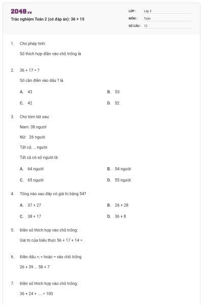 Trắc nghiệm Toán 2 (có đáp án): 36 + 15