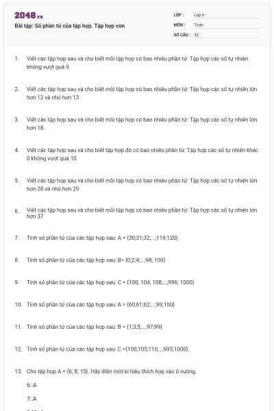 Bài tập: Số phần tử của tập hợp. Tập hợp con