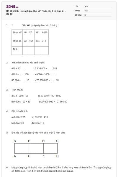 Bộ 20 đề thi trắc nghiệm Học kì 1 Toán lớp 4 có đáp án - Đề 10