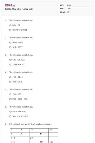 Bài tập: Phép cộng và phép nhân