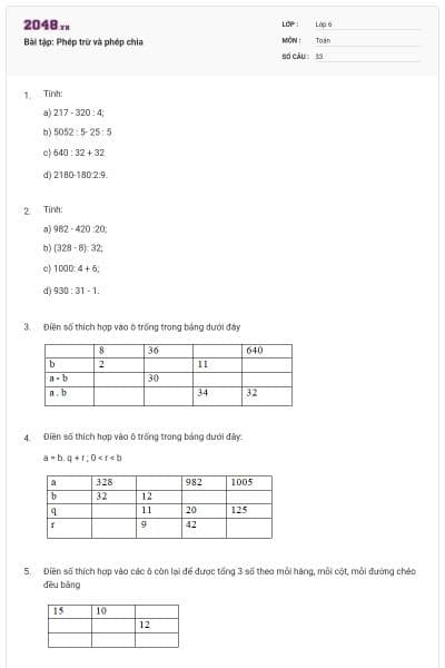 Bài tập: Phép trừ và phép chia