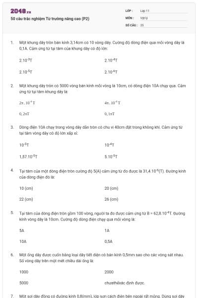 50 câu trắc nghiệm Từ trường nâng cao (P2)