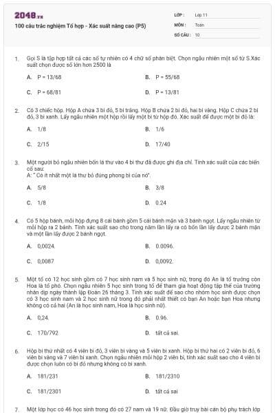 100 câu trắc nghiệm Tổ hợp - Xác suất nâng cao (P5)