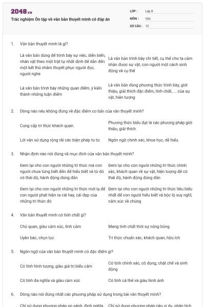 Trắc nghiệm Ôn tập về văn bản thuyết minh có đáp án