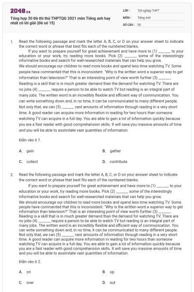 Tổng hợp 30 Đề thi thử THPTQG 2021 môn Tiếng anh hay nhất có lời giải (Đề số 15)