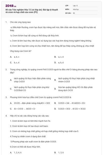 80 câu Trắc nghiệm Hóa 12 (có đáp án): Bài tập lý thuyết về crom và hợp chất của crom (P2)