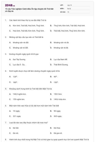 15 câu Trắc nghiệm Cánh diều Ôn tập chuyên đề Trái Đất có đáp án