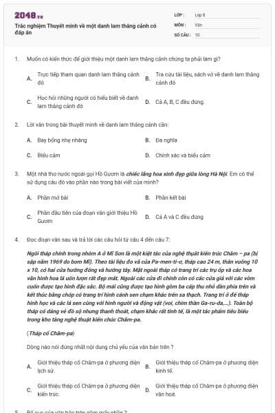 Trắc nghiệm Thuyết minh về một danh lam thắng cảnh có đáp án