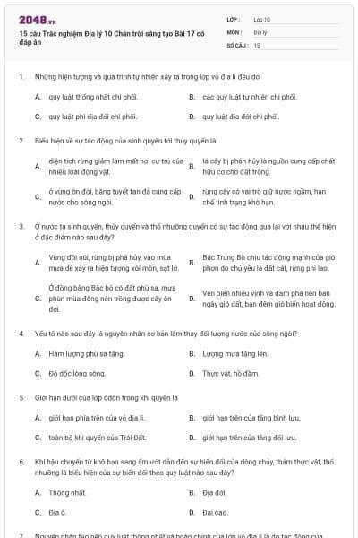 15 câu Trắc nghiệm Địa lý 10 Chân trời sáng tạo Bài 17 có đáp án