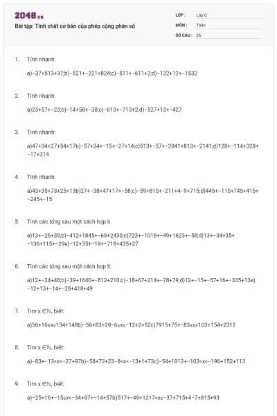 Bài tập: Tính chất cơ bản của phép cộng phân số