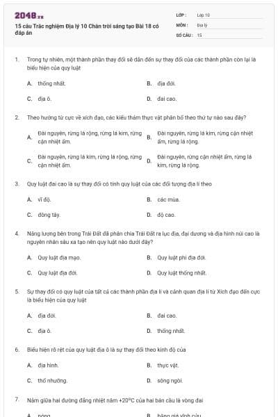15 câu Trắc nghiệm Địa lý 10 Chân trời sáng tạo Bài 18 có đáp án