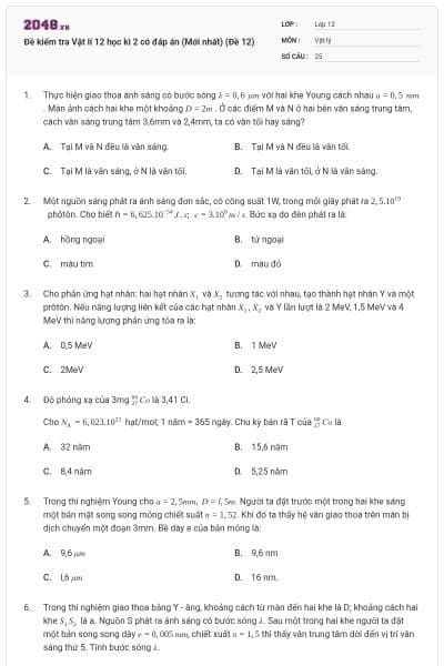 Đề kiểm tra Vật lí 12 học kì 2 có đáp án (Mới nhất) (Đề 12)