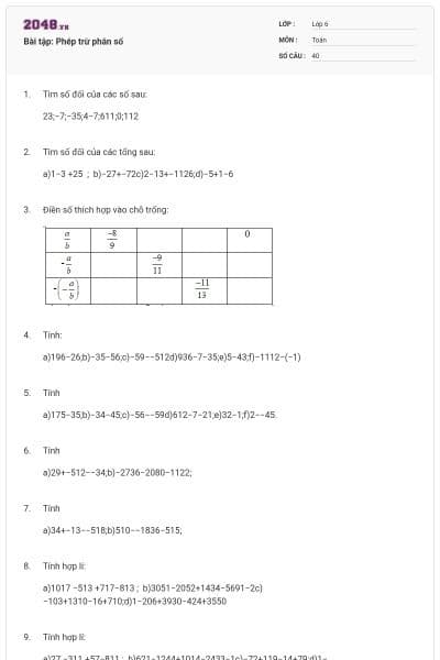 Bài tập: Phép trừ phân số