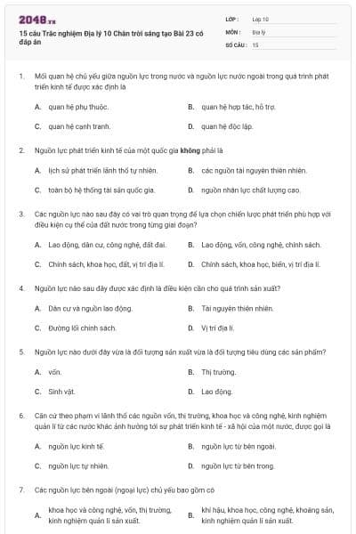 15 câu Trắc nghiệm Địa lý 10 Chân trời sáng tạo Bài 23 có đáp án