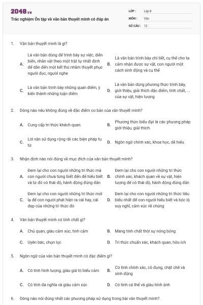 Trắc nghiệm Ôn tập về văn bản thuyết minh có đáp án