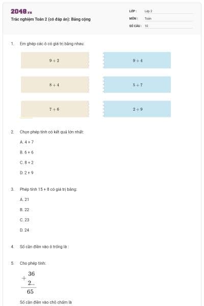 Trắc nghiệm Toán 2 (có đáp án): Bảng cộng