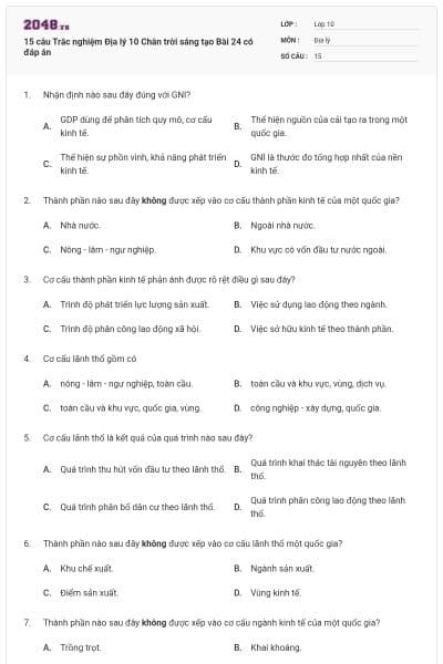 15 câu Trắc nghiệm Địa lý 10 Chân trời sáng tạo Bài 24 có đáp án