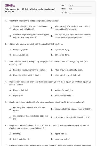 Trắc nghiệm Địa lý 10 Chân trời sáng tạo Ôn tập chương 9 có đáp án