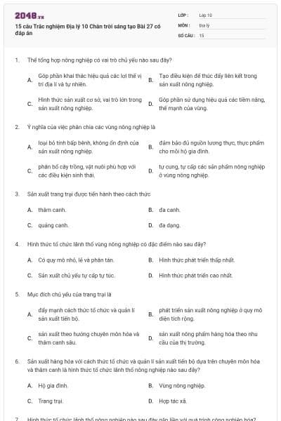 15 câu Trắc nghiệm Địa lý 10 Chân trời sáng tạo Bài 27 có đáp án