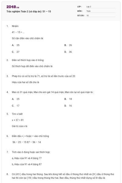 Trắc nghiệm Toán 2 (có đáp án): 51 – 15