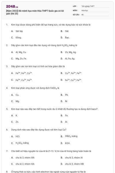 [Năm 2022] Đề minh họa môn Hóa THPT Quốc gia có lời giải (Đề 25)