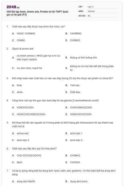 260 Bài tập Amin, Amino axit, Protein ôn thi THPT Quốc gia có lời giải (P3)