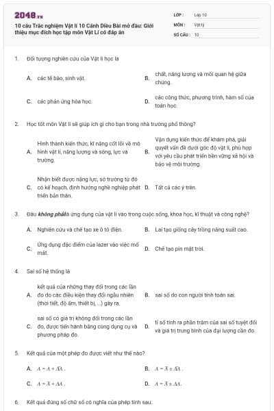 10 câu Trắc nghiệm Vật lí 10 Cánh Diều Bài mở đầu: Giới thiệu mục đích học tập môn Vật Lí có đáp án