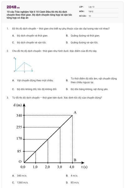 10 câu Trắc nghiệm Vật lí 10 Cánh Diều Đồ thị độ dịch chuyển theo thời gian. Độ dịch chuyển tổng hợp và vận tốc tổng hợp có đáp án