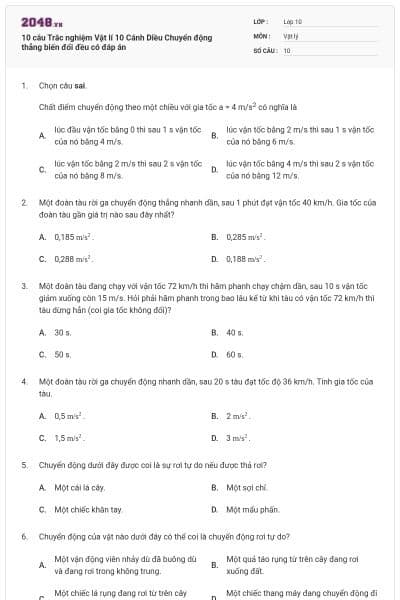 10 câu Trắc nghiệm Vật lí 10 Cánh Diều Chuyển động thẳng biến đổi đều có đáp án