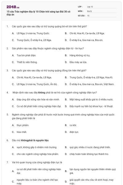 15 câu Trắc nghiệm Địa lý 10 Chân trời sáng tạo Bài 30 có đáp án