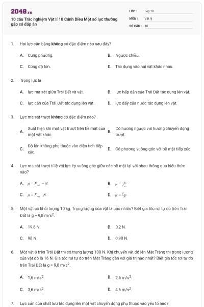10 câu Trắc nghiệm Vật lí 10 Cánh Diều Một số lực thường gặp có đáp án