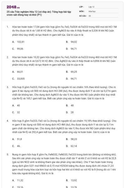 25 câu Trắc nghiệm Hóa 12 (có đáp án): Tổng hợp bài tập crom-sắt-đồng hay và khó (P1)