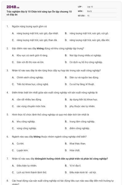 Trắc nghiệm Địa lý 10 Chân trời sáng tạo Ôn tập chương 10 có đáp án