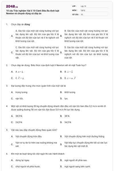 10 câu Trắc nghiệm Vật lí 10 Cánh Diều Ba định luật Newton về chuyển động có đáp án