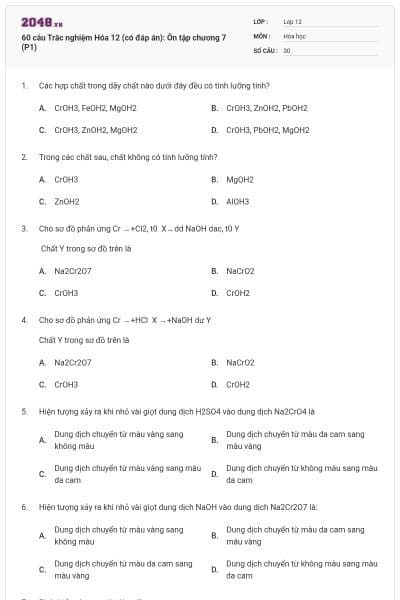 60 câu Trắc nghiệm Hóa 12 (có đáp án): Ôn tập chương 7 (P1)