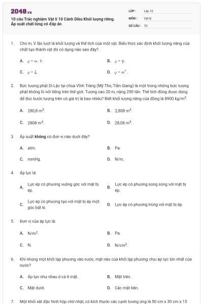 10 câu Trắc nghiệm Vật lí 10 Cánh Diều Khối lượng riêng. Áp suất chất lỏng có đáp án