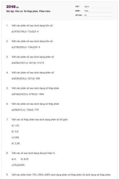 Bài tập: Hỗn số. Số thập phân. Phần trăm